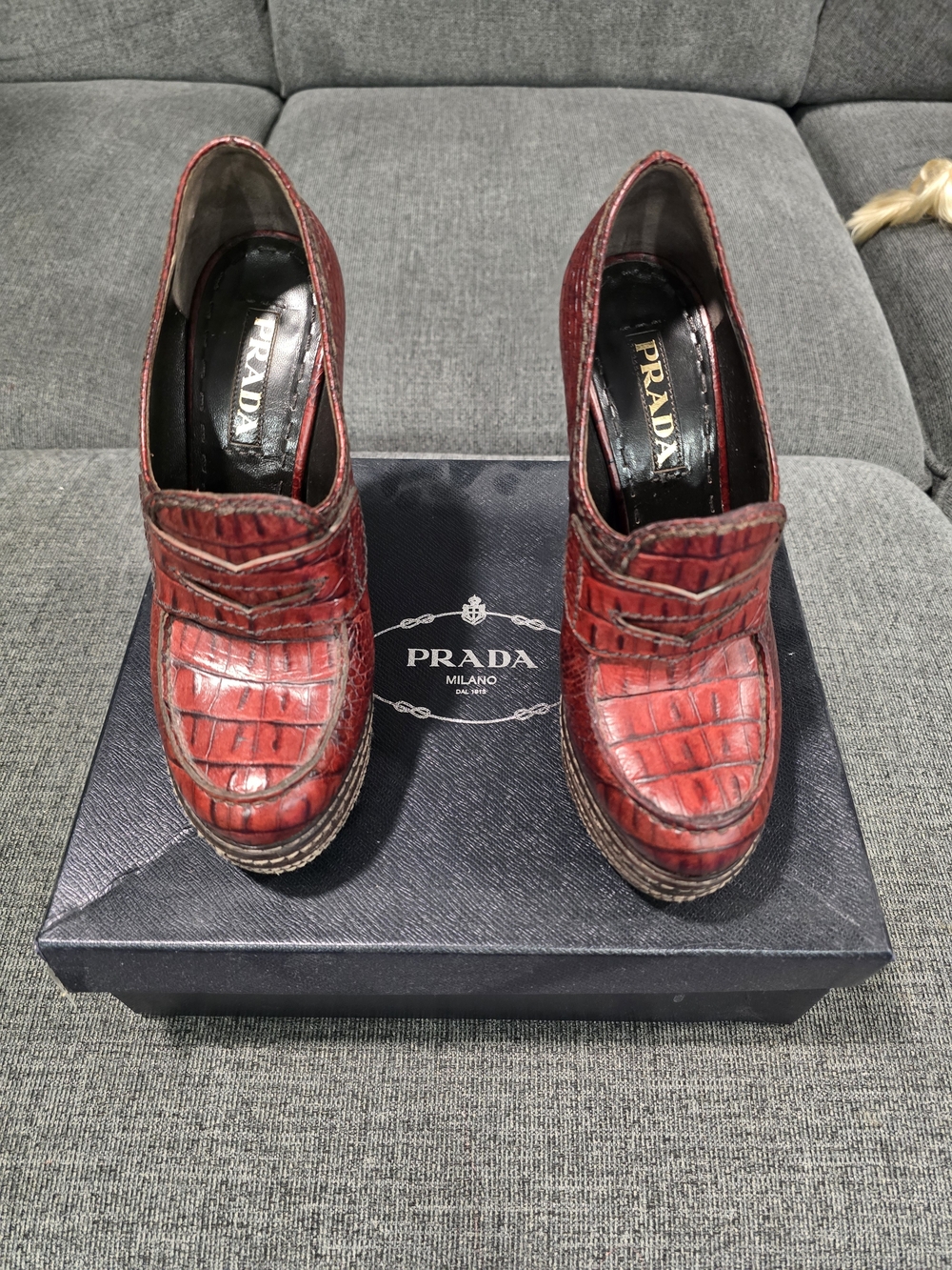 Prada Red Croc-Embossed Leather Platform Heels